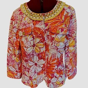 Ruby Rd. Vintage Bright Floral Denim Jacket Embellish Neckline Size S